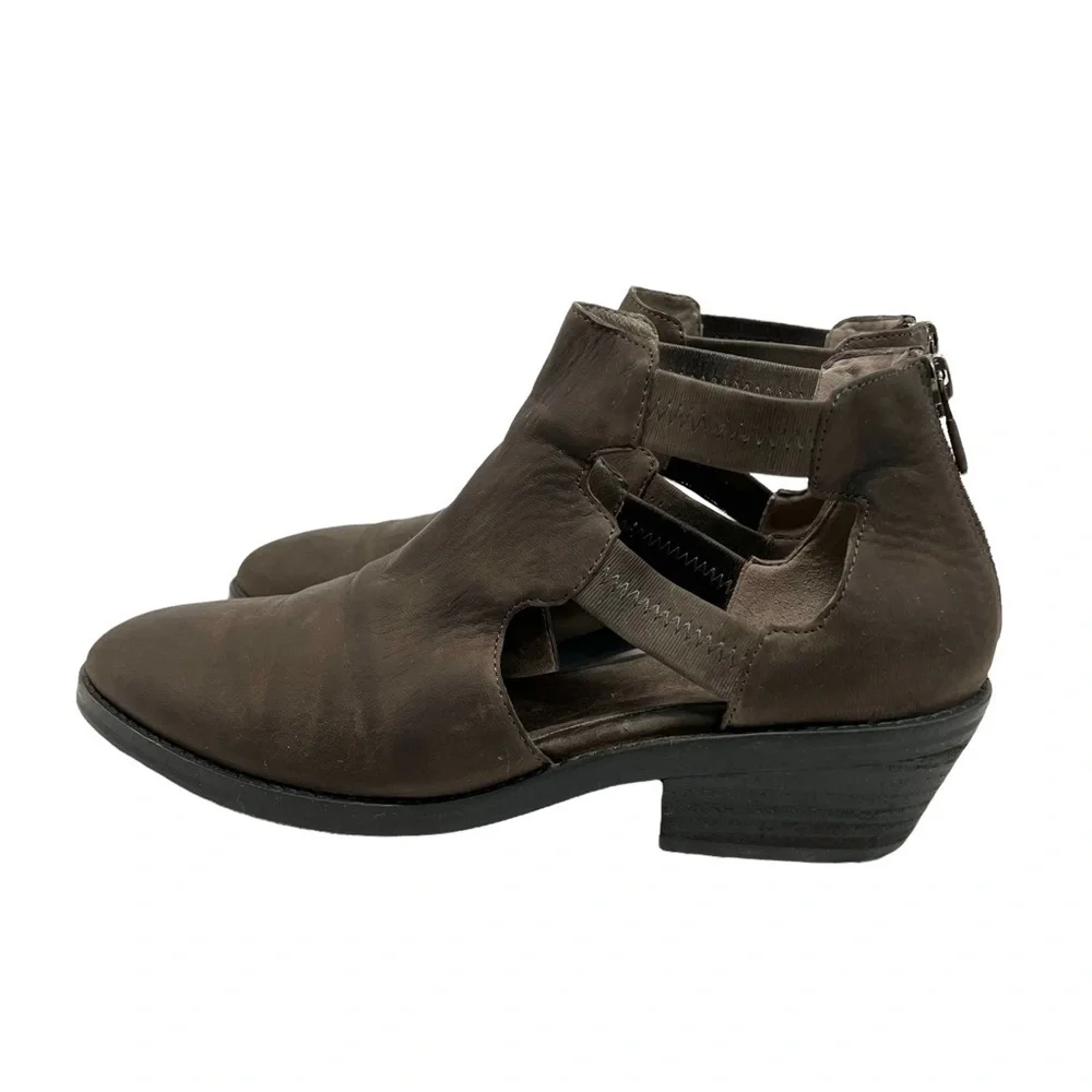 Eileen Fisher Vanda Tumbled Nubuck Leather Dark Gray Cut Out Booties